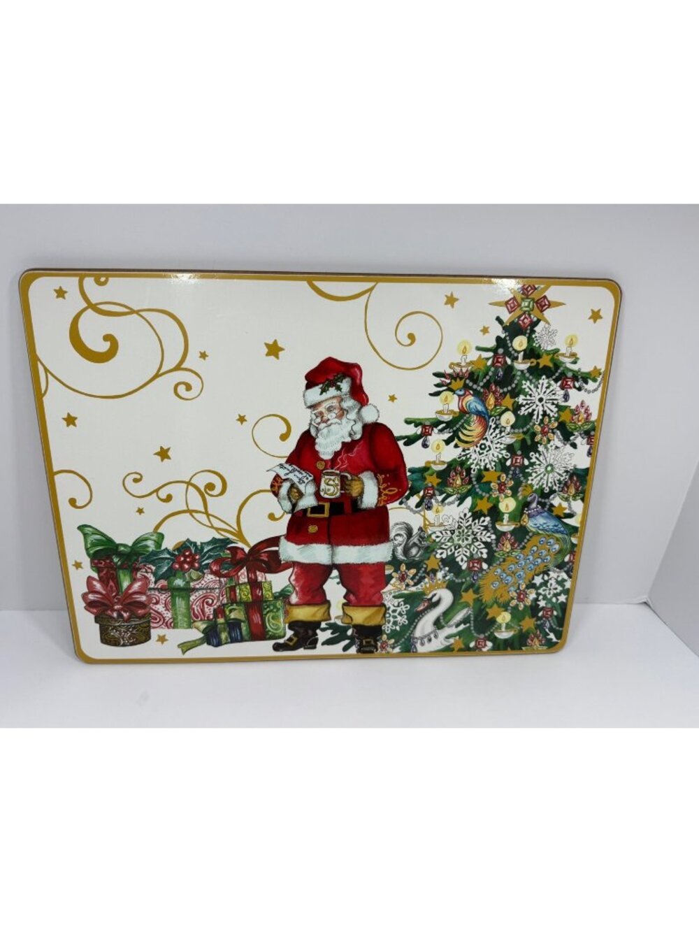 Williams Sonoma Christmas Santa Placemat Cork-Backed Festive Tree & Gifts Design
